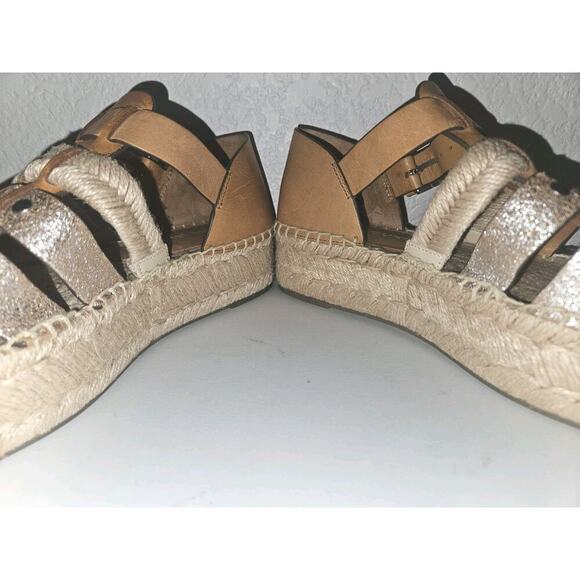 EUC TORY BURCH Fisherman Platform Espadrille Sandals Ivory Tan Leather Wedge 6.5 - Picture 7 of 12